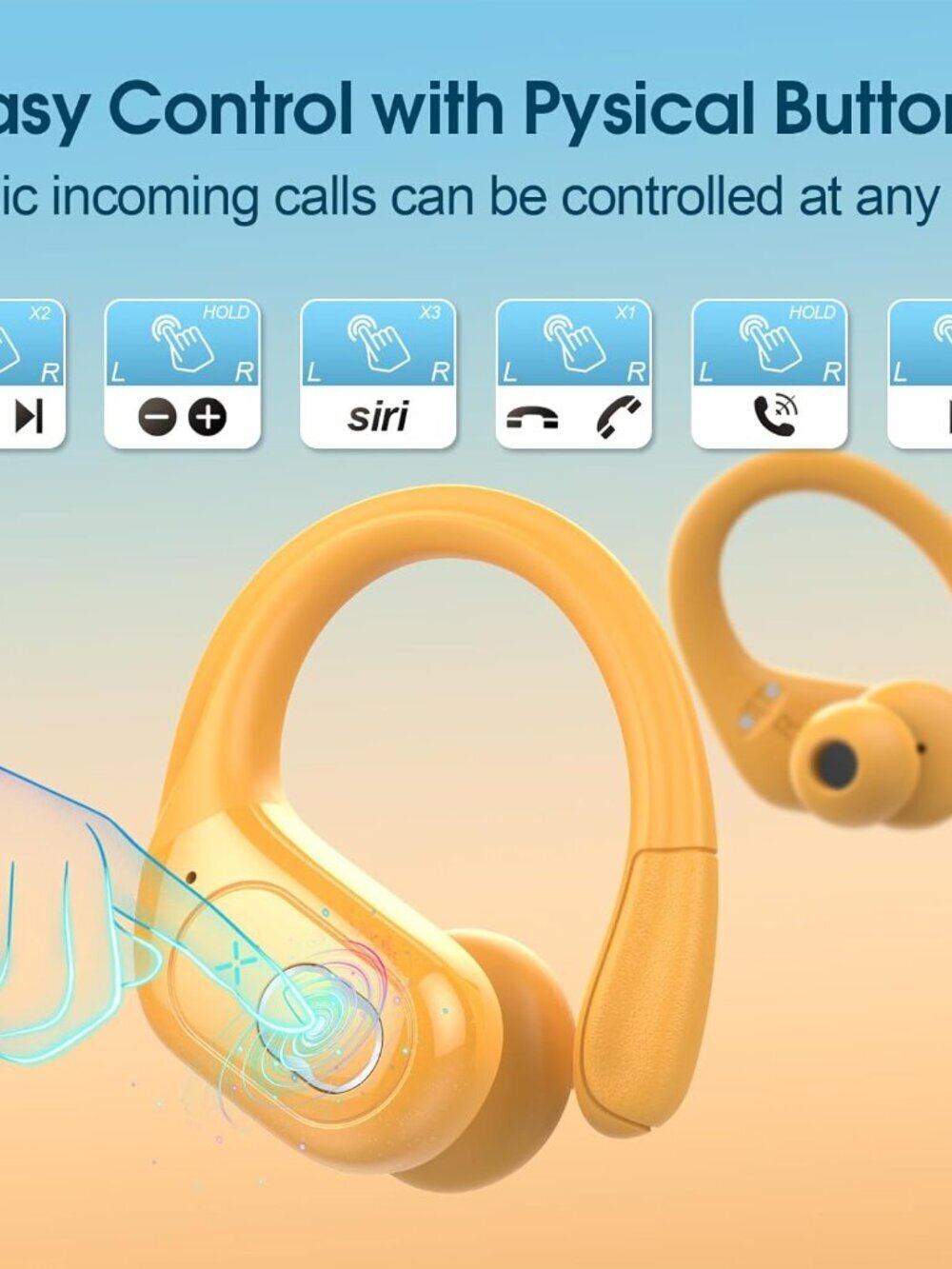 Yellow Wireless Earbuds Bluetooth Headphone Sport with Ear hooks Workout - Picture 7 of 7
